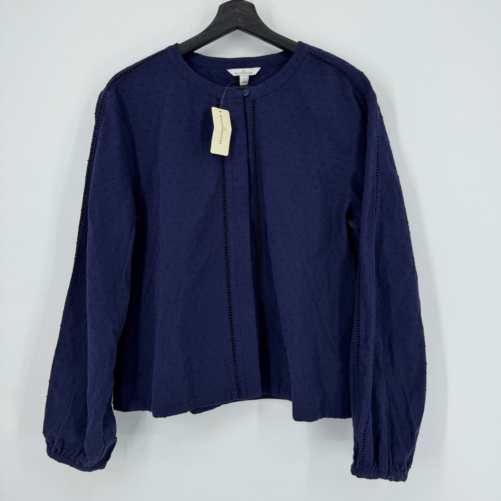 Bean Signature Womens L REG Darkest‎ Navy Swiss Dot Button Front Blouse Top